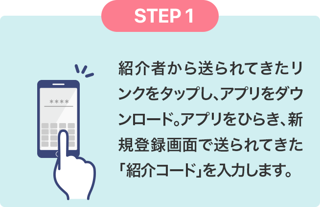 STEP1 iAEONアプリ内のメニューのその他「友だちにすすめる」から「あなたの紹介コード」をコピーし「友だちにシェアする」をタップします。