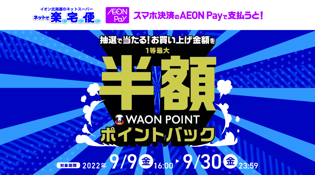 スマホ決済のAEON Payで支払うと抽選で当たる！お買い上げ金額を1等最大半額ポイントバック