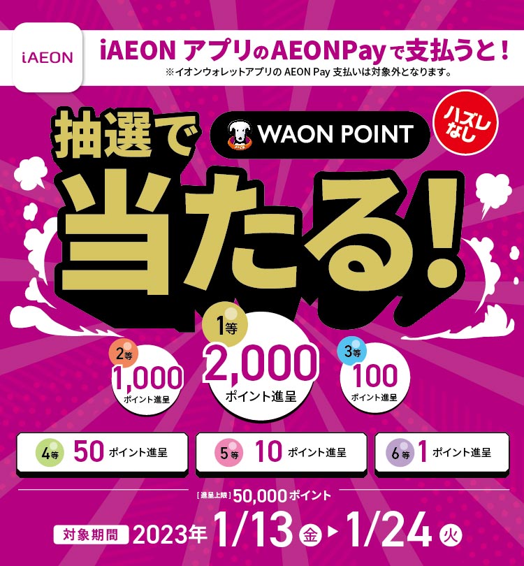 iAEONアプリのイオンペイで支払うと1等最大2000ポイントが抽選で当たる！