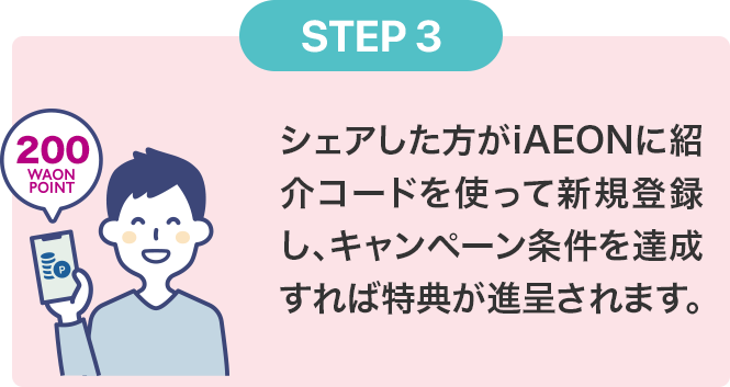 STEP3 シェアした方がiAEONに紹介コードを使って新規登録し、キャンペーン条件を達成すれば特典が進呈されます。