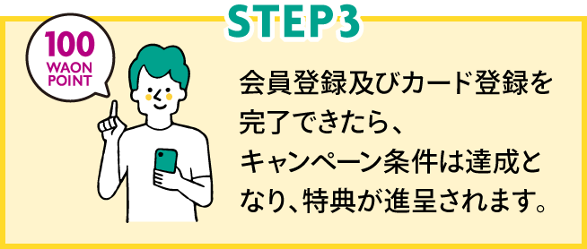 STEP3 会員登録及びカード登録を完了できたら、キャンペーン条件は達成となり、特典が進呈されます。