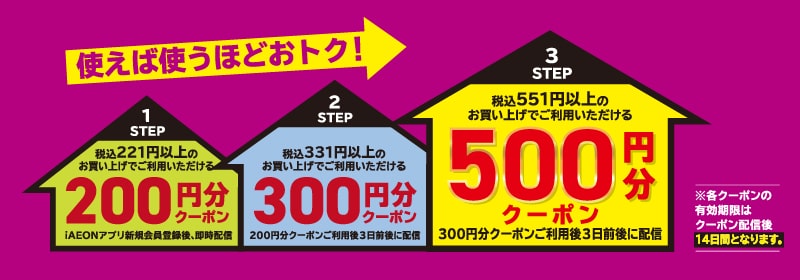 使えば使うほどおトク！STEP1：税込221円以上のお買い上げでご利用いただける200円分クーポン・STEP2：税込331円以上のお買い上げでご利用いただける300円分クーポン・STEP3：税込551円以上のお買い上げでご利用いただける500円分クーポン※各クーポンの有効期限はクーポン配信後14日間となります。