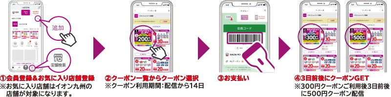 ①会員登録&お気に入り店舗登録※お気に入り店舗はイオン九州の店舗が対象になります。②クーポン一覧からクーポン選択※クーポン利用期間：配信から14日③お支払い④3日前後にクーポンGET※300円クーポンご利用後3日前後に500円クーポン配信