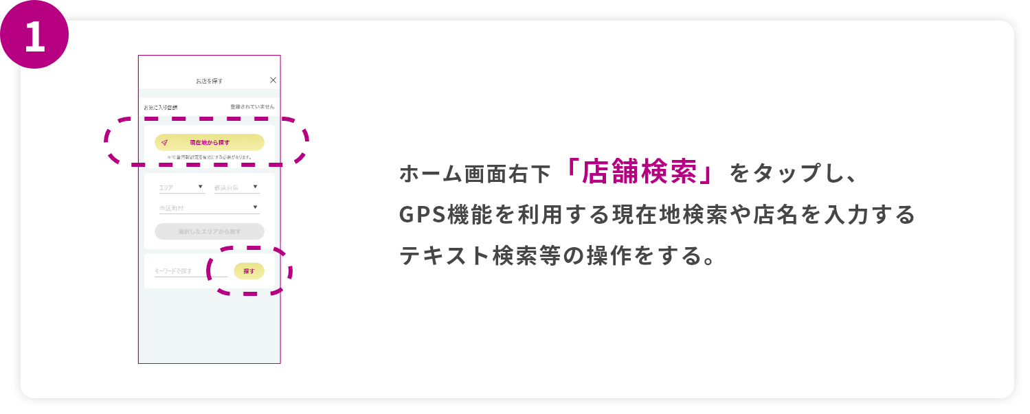 step1 ホーム画面右下「店舗検索」をタップし、GPS機能を利用する現在地検索や店名を入力するテキスト検索等の操作をする。